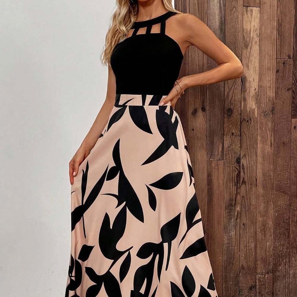 Multicolor Boho Womens Plants Print Cut Out Halter Neck Dress - Picture 3 of 5
